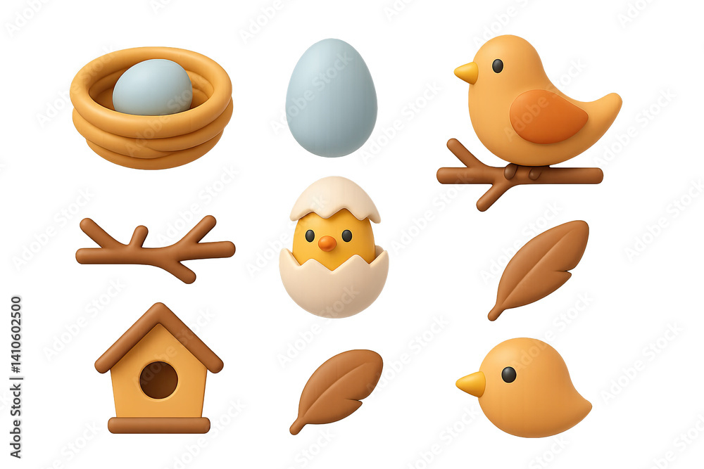 3D icon set of bird-friendly gardens: seed packet, spray bottle, fertilizer bag, garden marker, compost bin, gloves, trowel, planter box. 3d icon. icons set of 3d style in a modern design. Isolated