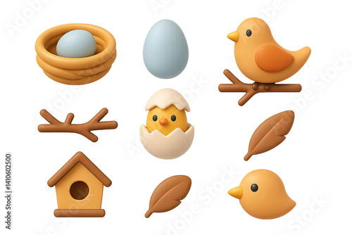 Obraz na płótnie 3D icon set of bird-friendly gardens: seed packet, spray bottle, fertilizer bag, garden marker, compost bin, gloves, trowel, planter box. 3d icon. icons set of 3d style in a modern design. Isolated w salonie
