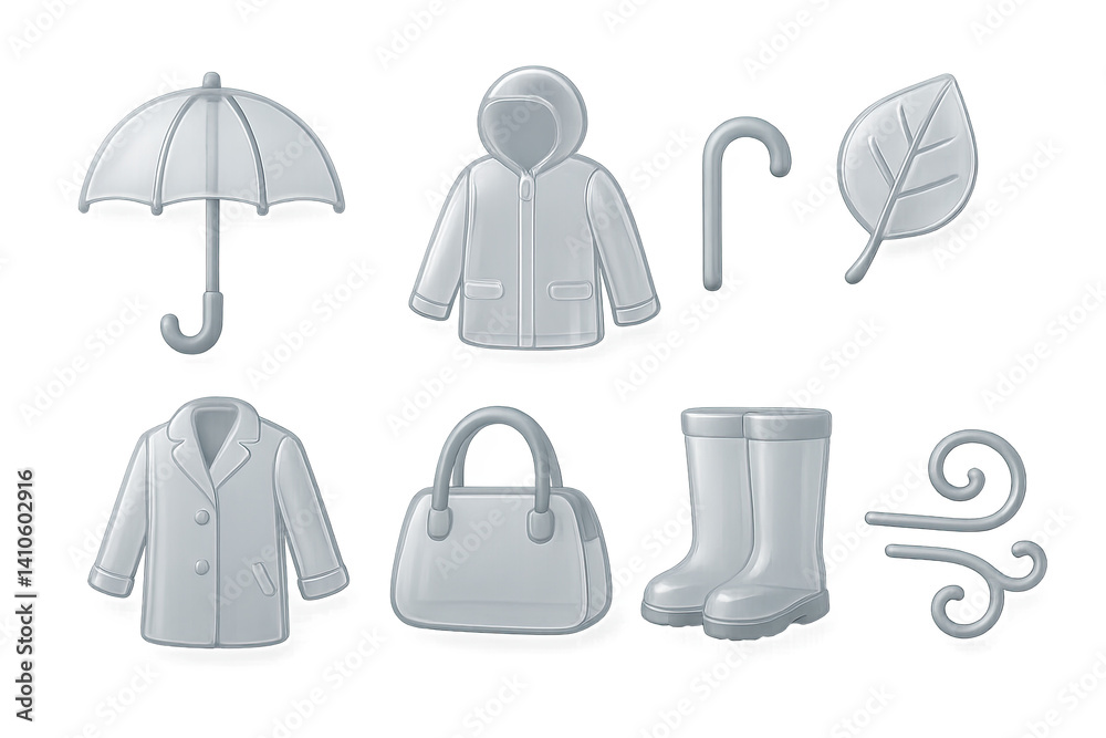 3D icon set of spring jackets: layered outfit, raincoat, knit sweater, light jacket, spring hat, tote bag, loafers, denim jacket. 3d icon. icons set of 3d style in a modern design. Isolated