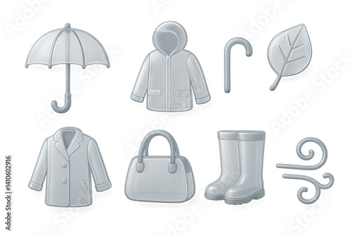 Obraz na płótnie 3D icon set of spring jackets: layered outfit, raincoat, knit sweater, light jacket, spring hat, tote bag, loafers, denim jacket. 3d icon. icons set of 3d style in a modern design. Isolated w salonie