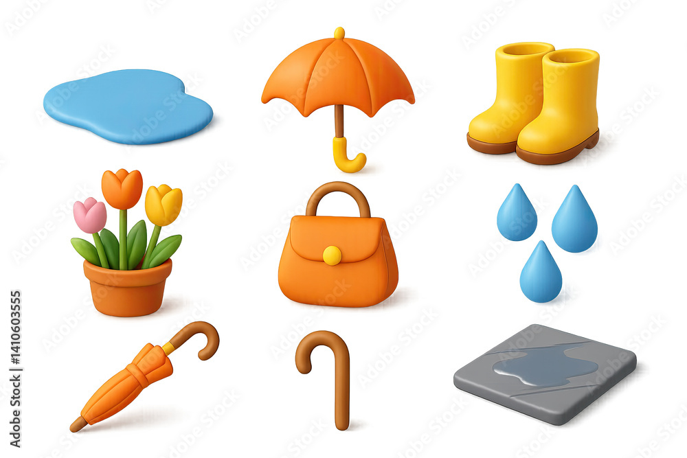 3D icon set of spring jackets: layered outfit, raincoat, knit sweater, light jacket, spring hat, tote bag, loafers, denim jacket. 3d icon. icons set of 3d style in a modern design. Isolated
