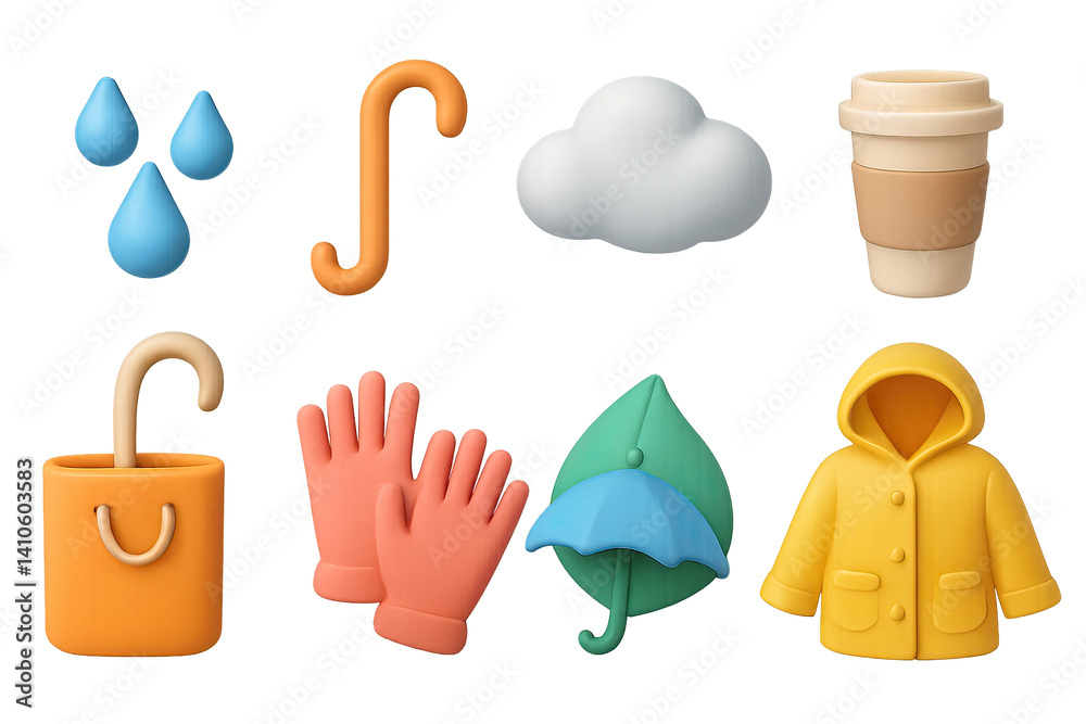 3D icon set of sunny weather: bird, hill, flower, star, mountain, light ray, rainbow, sunbeam. 3d icon. icons set of 3d style in a modern design. Isolated