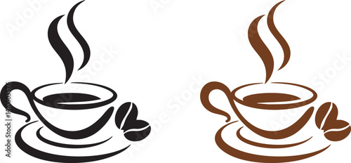 Two stylized coffee cup illustrations, one in black and one in brown.