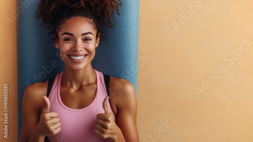 Happy fitness girl gesturing thumbs up after workout