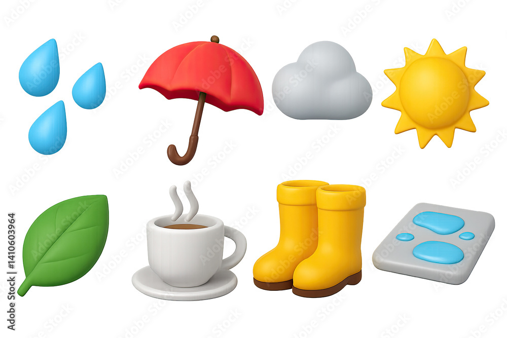 3D icon set of sunny weather: bird, hill, flower, star, mountain, light ray, rainbow, sunbeam. 3d icon. icons set of 3d style in a modern design. Isolated