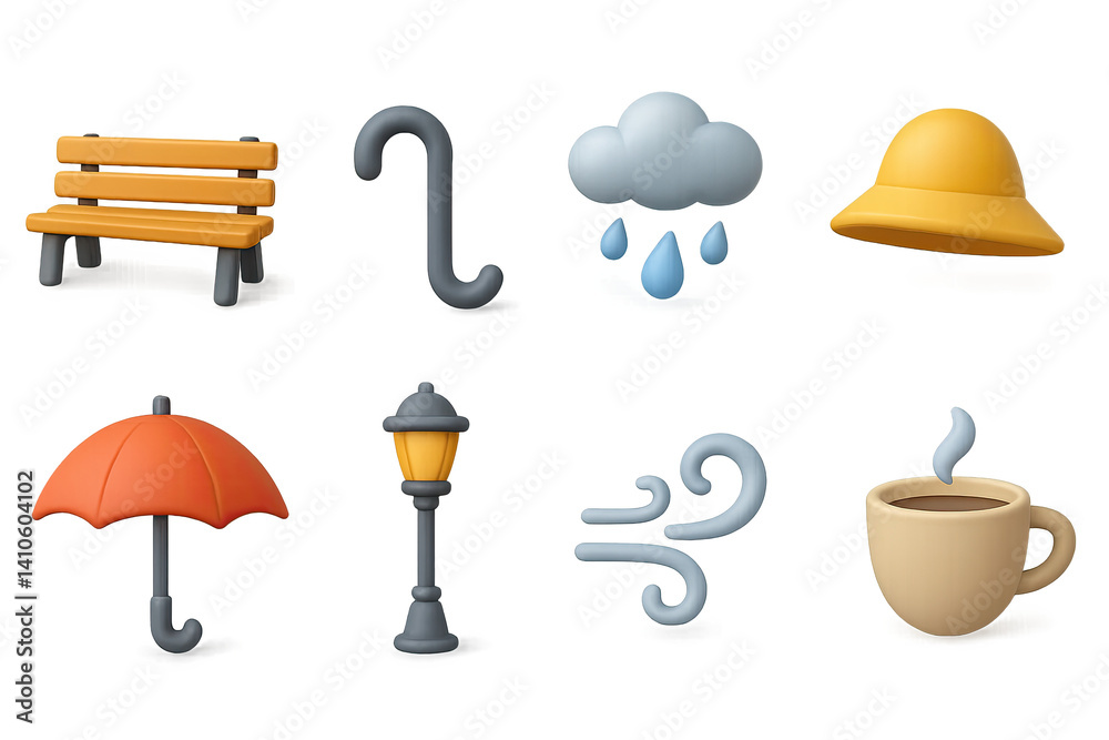 3D icon set of sunny weather: bird, hill, flower, star, mountain, light ray, rainbow, sunbeam. 3d icon. icons set of 3d style in a modern design. Isolated