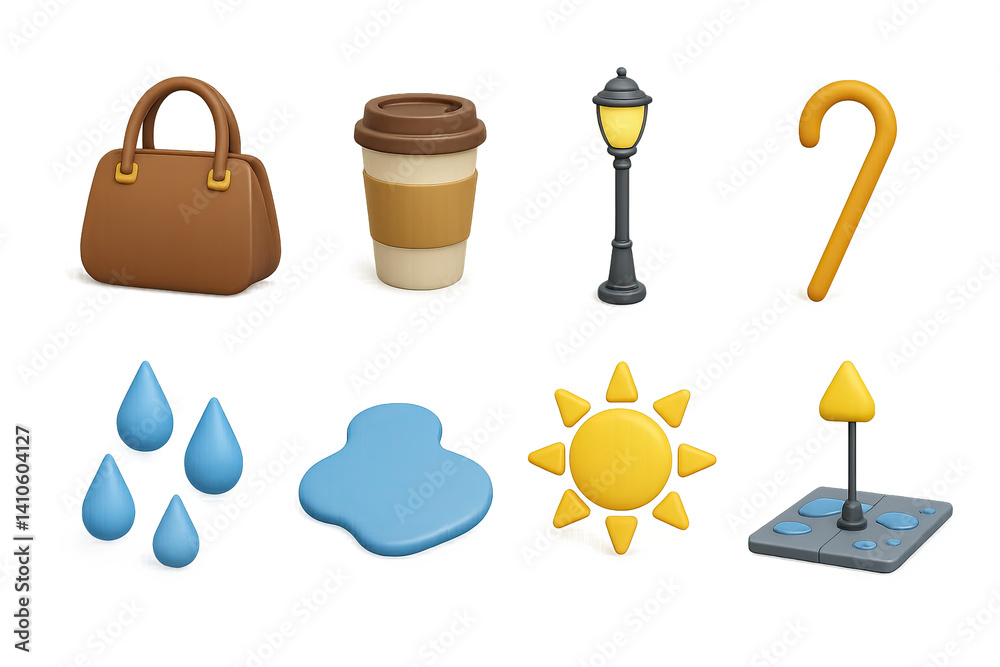 3D icon set of sunny weather: bird, hill, flower, star, mountain, light ray, rainbow, sunbeam. 3d icon. icons set of 3d style in a modern design. Isolated