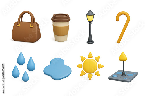 Obraz na płótnie 3D icon set of sunny weather: bird, hill, flower, star, mountain, light ray, rainbow, sunbeam. 3d icon. icons set of 3d style in a modern design. Isolated w salonie