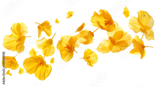 Scattered yellow flowers and petals floating against a black background in a whimsical arrangement