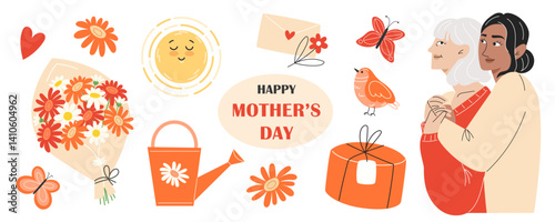 Mother’s Day clipart set, bouquet, butterflies, bird, gift, elderly mother and adult daughter, flat style illustration