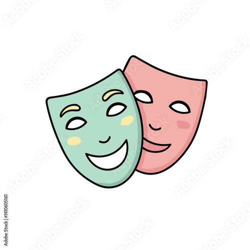 Cartoon theater masks icon for kids’ art apps, drama games, or educational materials. Perfect for illustrating emotions, acting, or performance in a playful and creative style.