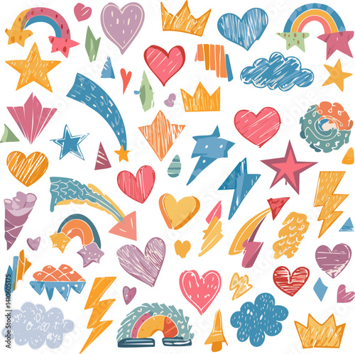 Colorful set of hand-drawn stars, hearts, rainbows, and lightning bolts creating a whimsical atmosphere