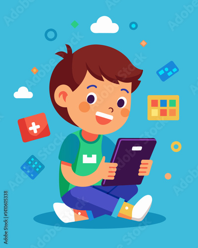 A child engrossed in a coding game on a tablet confidently tapping away on the screen to complete challenges and puzzles.. Vector illustration