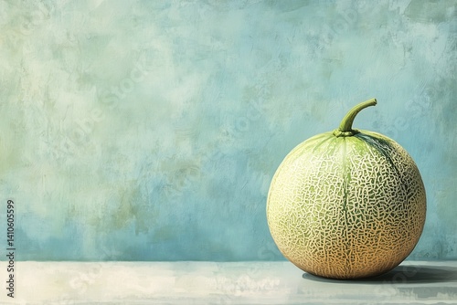 Cantaloupe melon on a pastel blue background, copyspace on the left