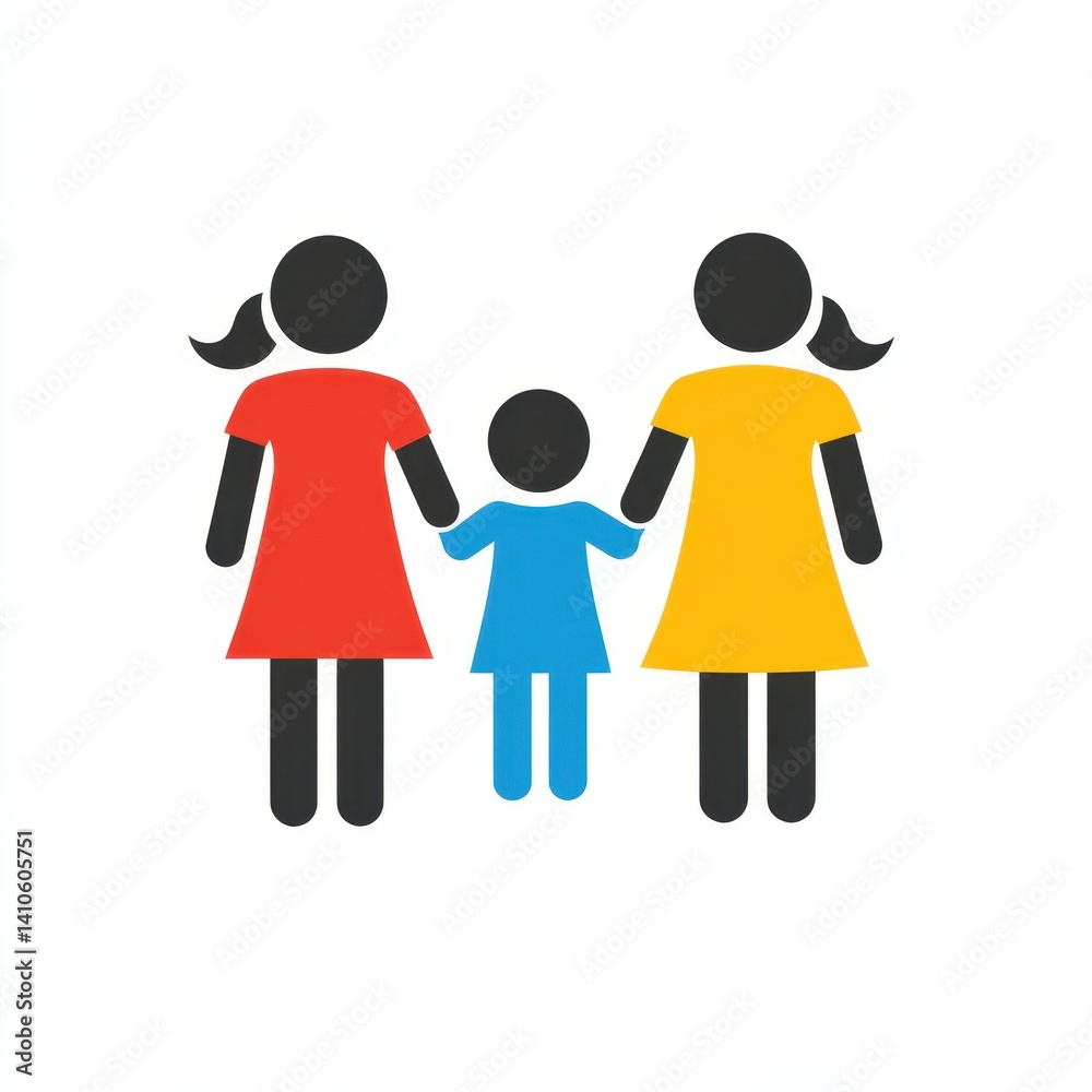 Two women and a child holding hands in a minimalist design representing family unity and love Two women and a child holding hands in a minimalist design representing family unity and love