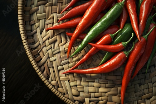 Closeup image of a woven flat plate with chili peppers in it