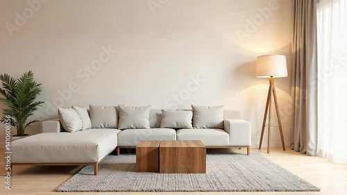Modern Living Room Interior Design with Beige Sofa Wooden Coffee Table and Floor Lamp