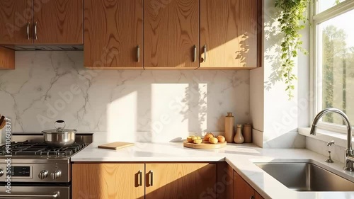 Modern Kitchen Design Sunlight Streaming Through Window Illuminating Warm Wood Cabinets and Marble Countertops