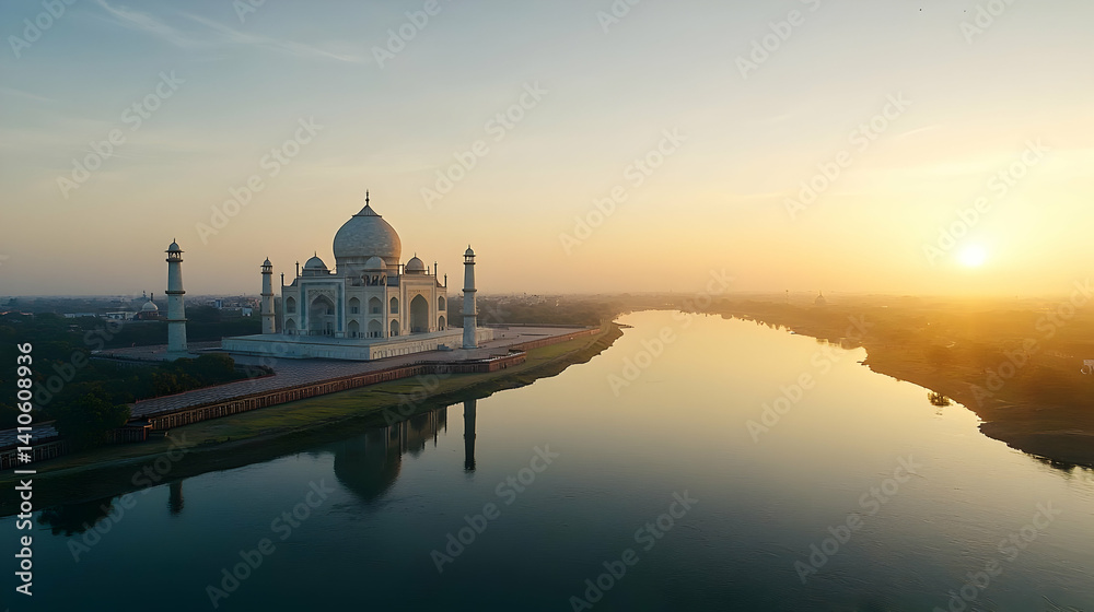 Obraz premium Taj Mahal Sunrise Over River Panoramic View