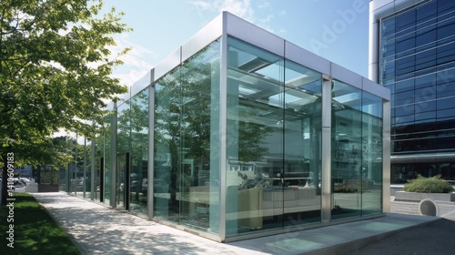 Modern glass cube office with sun shading fins 