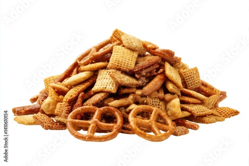 Pile of chex mix snack isolated on white background