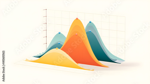 Colorful bell curves against a grid, showing data distribution and trends. Ideal for presentations and reports with statistical analysis.