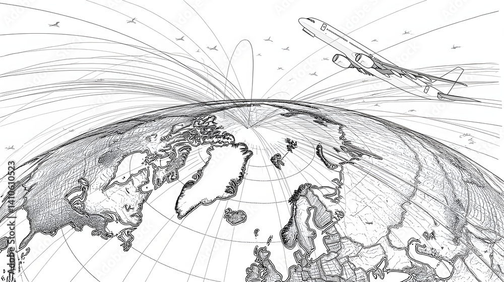 Obraz premium Global connectivity is depicted with an airplane flying near the North Pole, symbolizing worldwide travel and international networks.