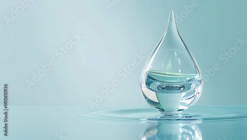 A glass water drop-shaped trophy, simple background, 3D rendering, white and blue tones, composition, high contrast, macro lens, reflections of light on the surface of the droplets.