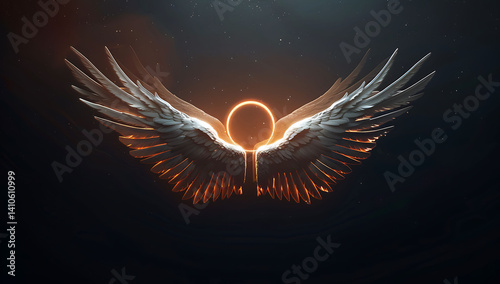A glowing pair of angelic wings with a halo floating in the air against a black background, emitting a shining light from behind.
