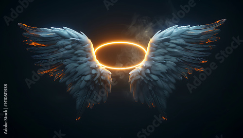 A glowing pair of angelic wings with a halo floating in the air against a black background, emitting a shining light from behind.