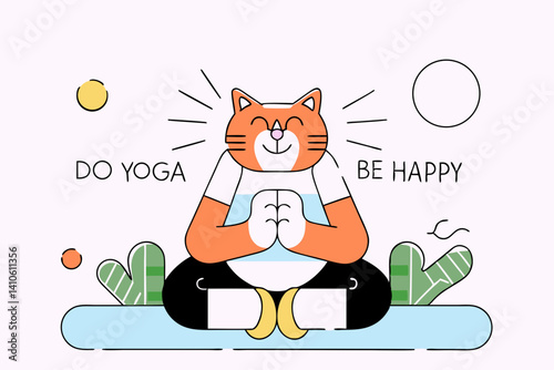 Funny illustration with cartoon red cat sitting on lotus position of yoga. With golden flushing light behind the cat And text “Do Yoga, be happy”