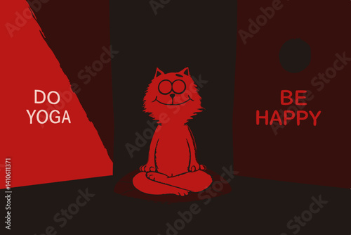 Funny illustration with cartoon red cat sitting on lotus position of yoga. With golden flushing light behind the cat And text “Do Yoga, be happy”