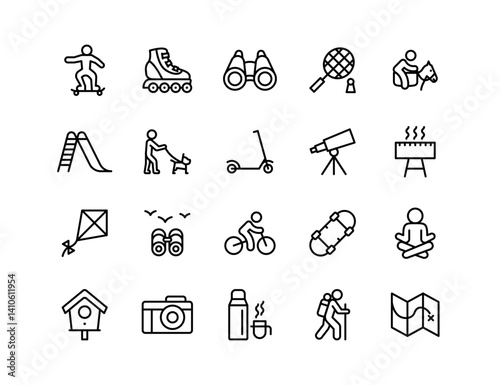 Park Activities Vector Icon Set | Adjustable Line Weight | Skateboard, biking, picnic, yoga, hiking, camera, map, kite, scooter, rollerblade, barbecue, dog, play icons