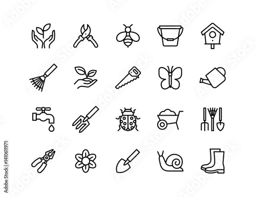 Gardening Vector Icon Set | Adjustable Line Weight | Plant, flower, shovel, rake, watering can, bucket, gloves, boots, butterfly, hose, pruner, soil, grow icons