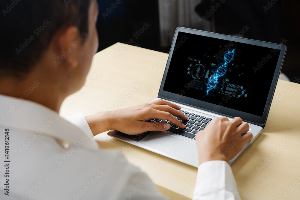 Medical science technology and futuristic healthcare virtual computer software analyze human health and diagnose disease for doctor data and medical research. brisk