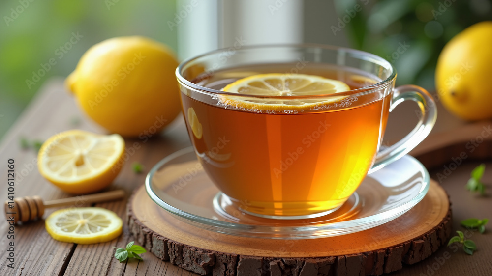 A cup of tea with lemon and honey. A cup of tea with lemon and honey.