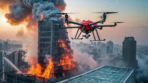 AI-generated images depicting an aerial view of a large drone assisting in the evacuation of firefighters from a burning building.