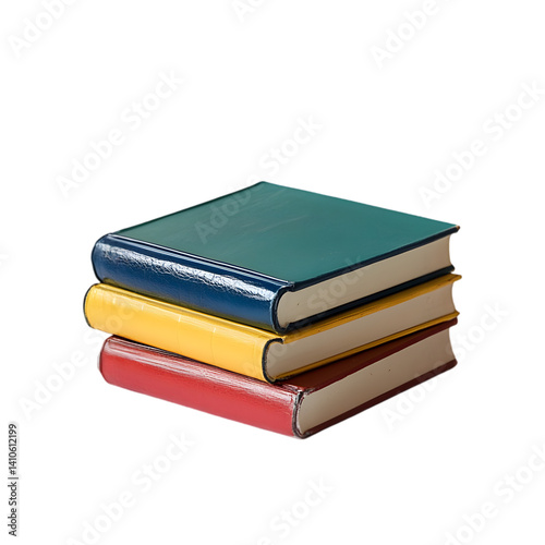 A stack of three closed hardcover books with different colors on a black background in a studio shot