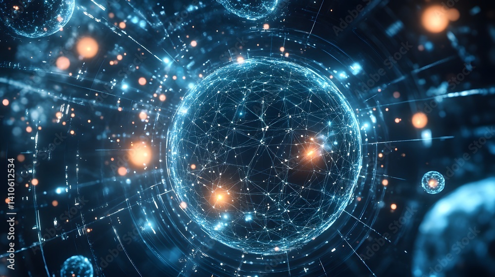 Obraz premium Cosmic Web: Abstract, high-tech image of a network of interconnected points forming a three-dimensional sphere, evoking the concept of interconnectedness and the digital world.