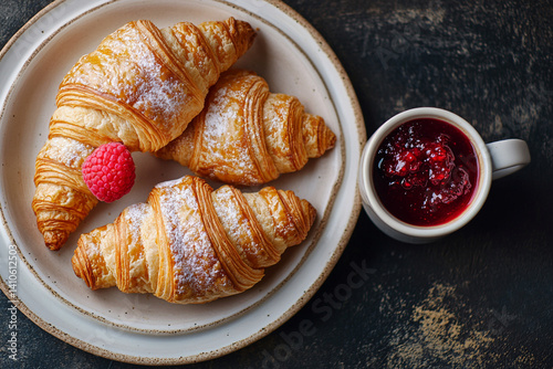 Classic breakfast: fresh croissants with raspberry jam and a cup of aromatic espresso photo
