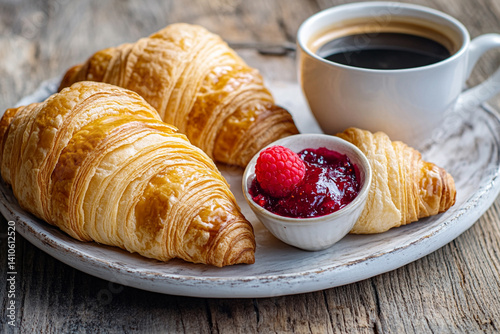 Classic breakfast: fresh croissants with raspberry jam and a cup of aromatic espresso photo