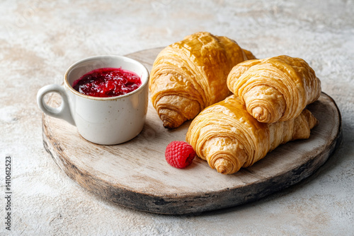 Classic breakfast: fresh croissants with raspberry jam and a cup of aromatic espresso photo