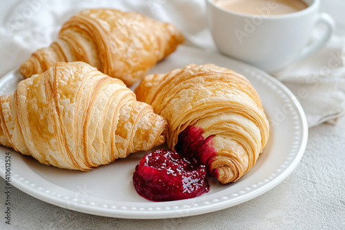 Classic breakfast: fresh croissants with raspberry jam and a cup of aromatic espresso photo