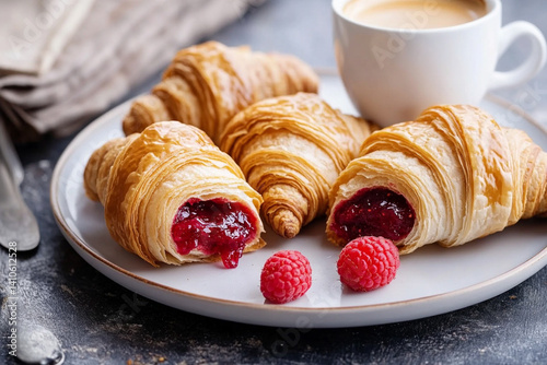 Classic breakfast: fresh croissants with raspberry jam and a cup of aromatic espresso photo