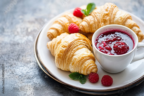 Classic breakfast: fresh croissants with raspberry jam and a cup of aromatic espresso photo