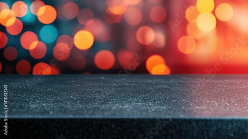 Empty black countertop with blurred neon cityscape backdrop