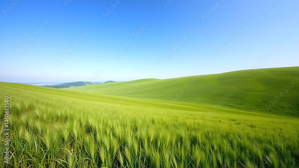 Fototapeta premium Vibrant Green Fields Beneath a Clear Summer Sky