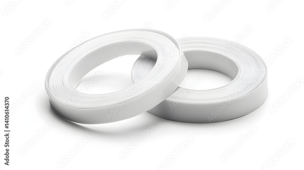 Two rolls of glossy white adhesive tape on a clean, white background. Two rolls of glossy white adhesive tape on a clean, white background.