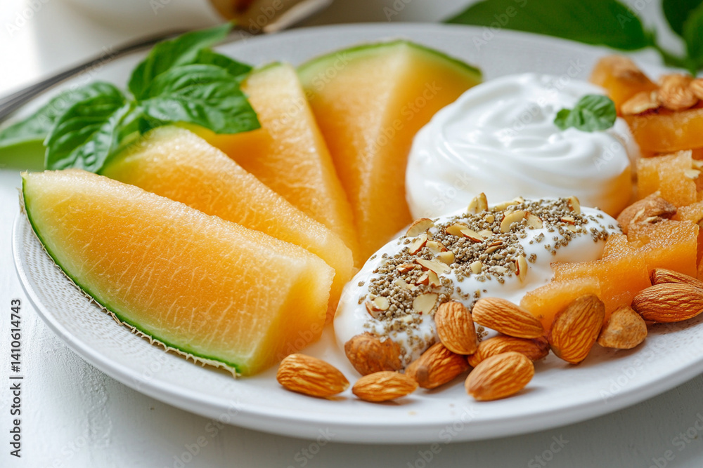 Light breakfast with melon slices, greek yogurt and almonds on a white plate Light breakfast with melon slices, greek yogurt and almonds on a white plate