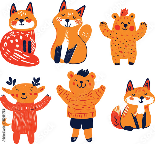 set of funny cute drawn animals